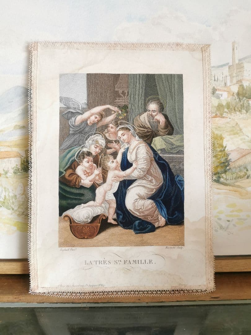 アンティークフランス銅版画 ラファエロの聖家族と予言者ヨハネと天使達 レース装飾