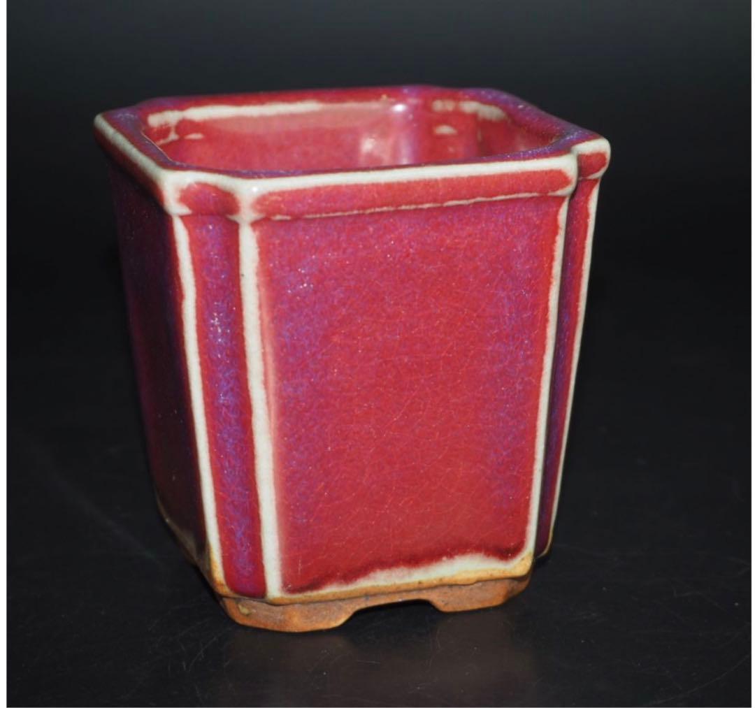 送料無料　中国古玩　窯変辰砂植木鉢　盆栽鉢　高さ8.2ｃｍ