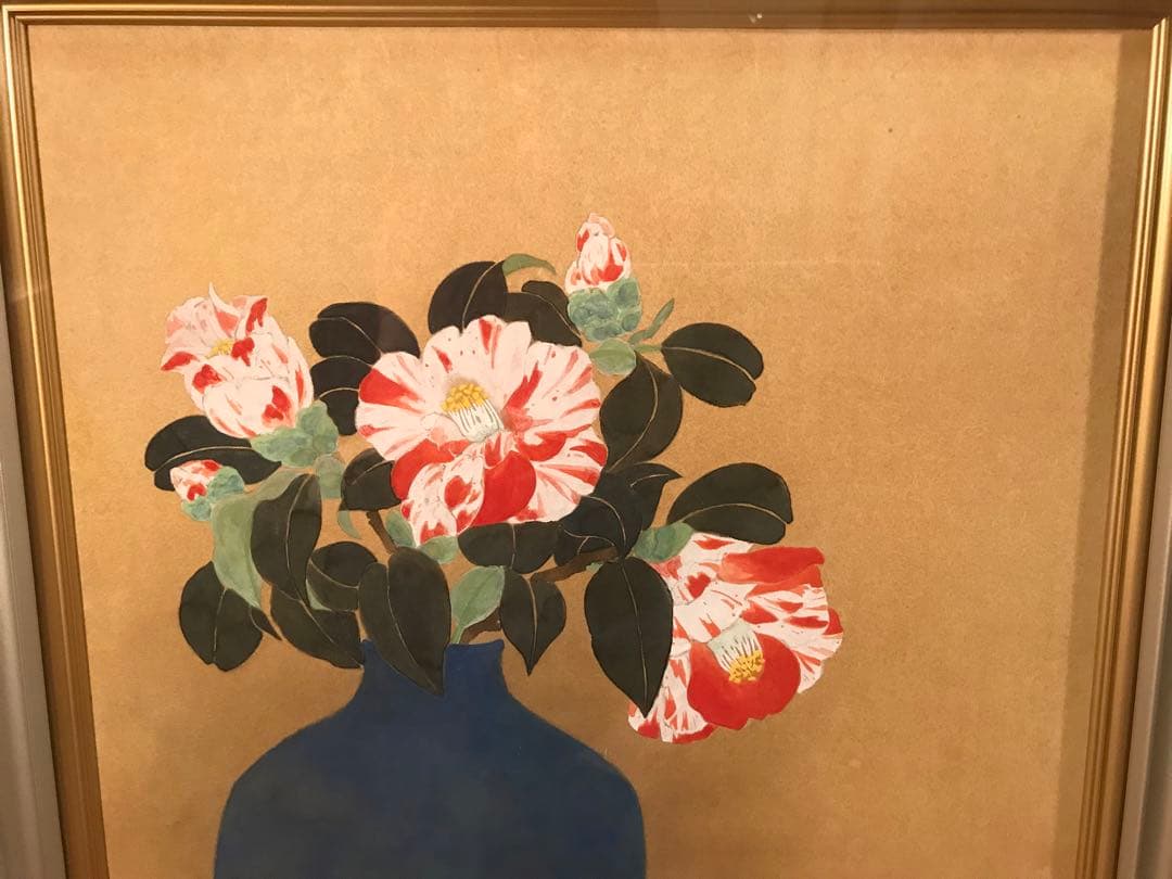 堀川えい子　「花椿」　日本画Ｆ８号　直筆サイン・共シール有り