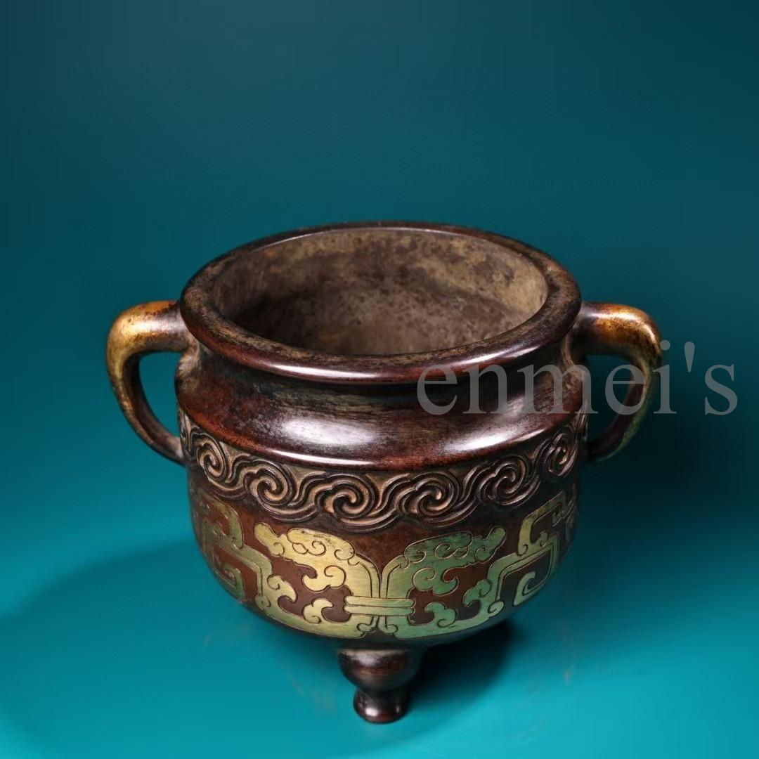 中国古美術・旧蔵純紫銅製・高浮彫鎏金香炉・純手作り・三本脚・置物・仏具・文房具