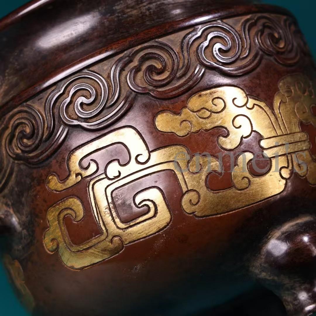 中国古美術・旧蔵純紫銅製・高浮彫鎏金香炉・純手作り・三本脚・置物・仏具・文房具