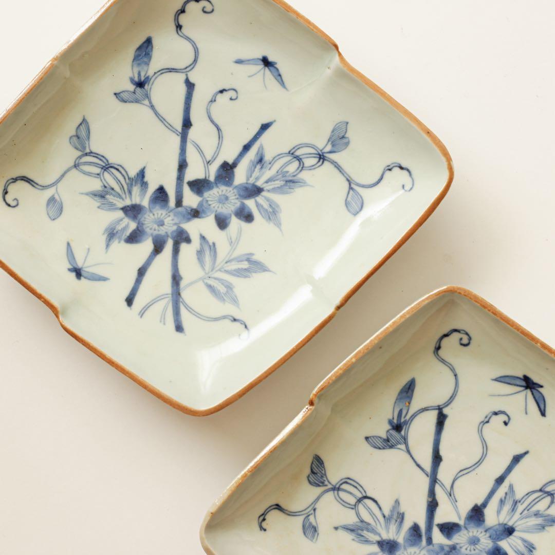 古伊万里　伊万里　テッセン　鉄線　変形　皿　2客セット　金継ぎ　材料　染付