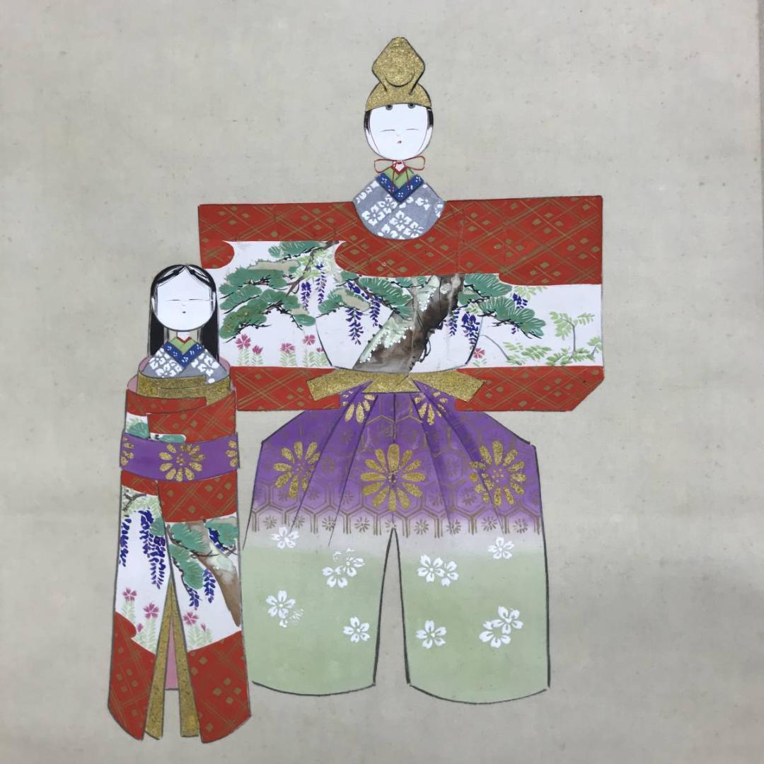 真作/丹生/ヒナ図/雛図/桃の節句図/立雛図/掛軸☆宝船☆AE-311