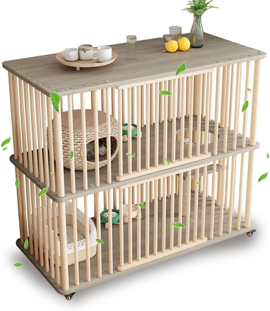 木製 キャットケージ 2段 おしゃれ 猫ケージ キャスター ナチュラル 木