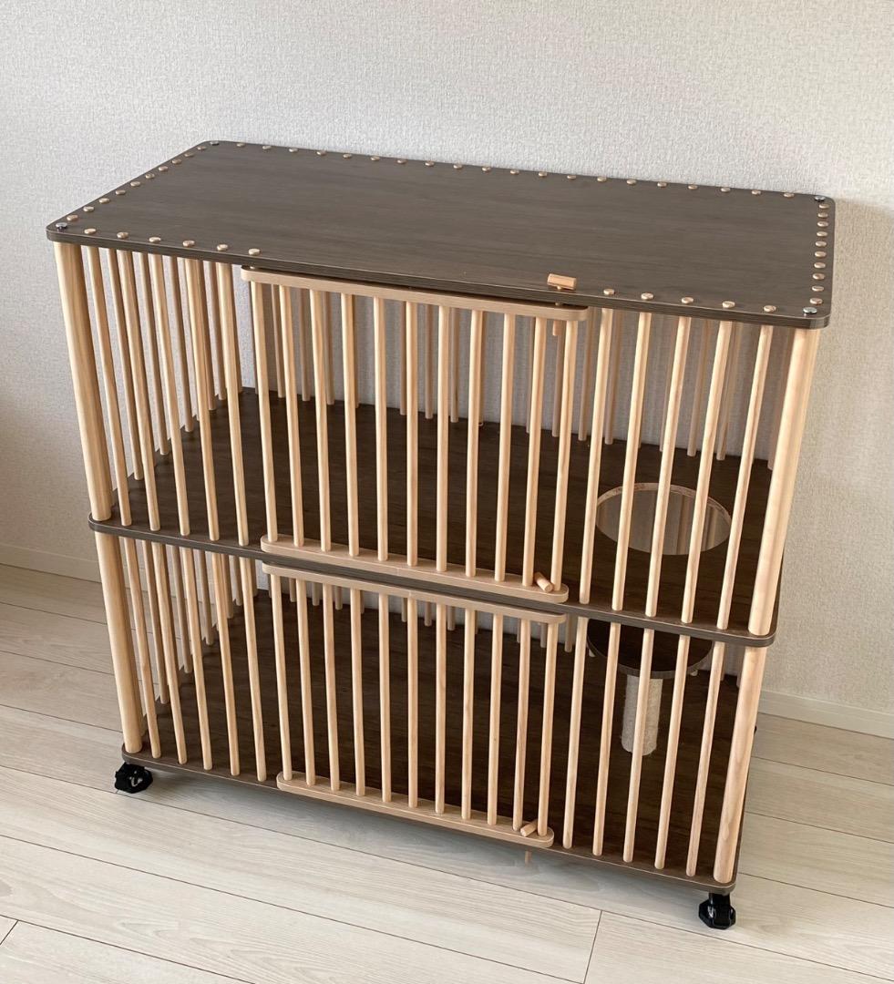 木製 キャットケージ 2段 おしゃれ 猫ケージ キャスター ナチュラル 木