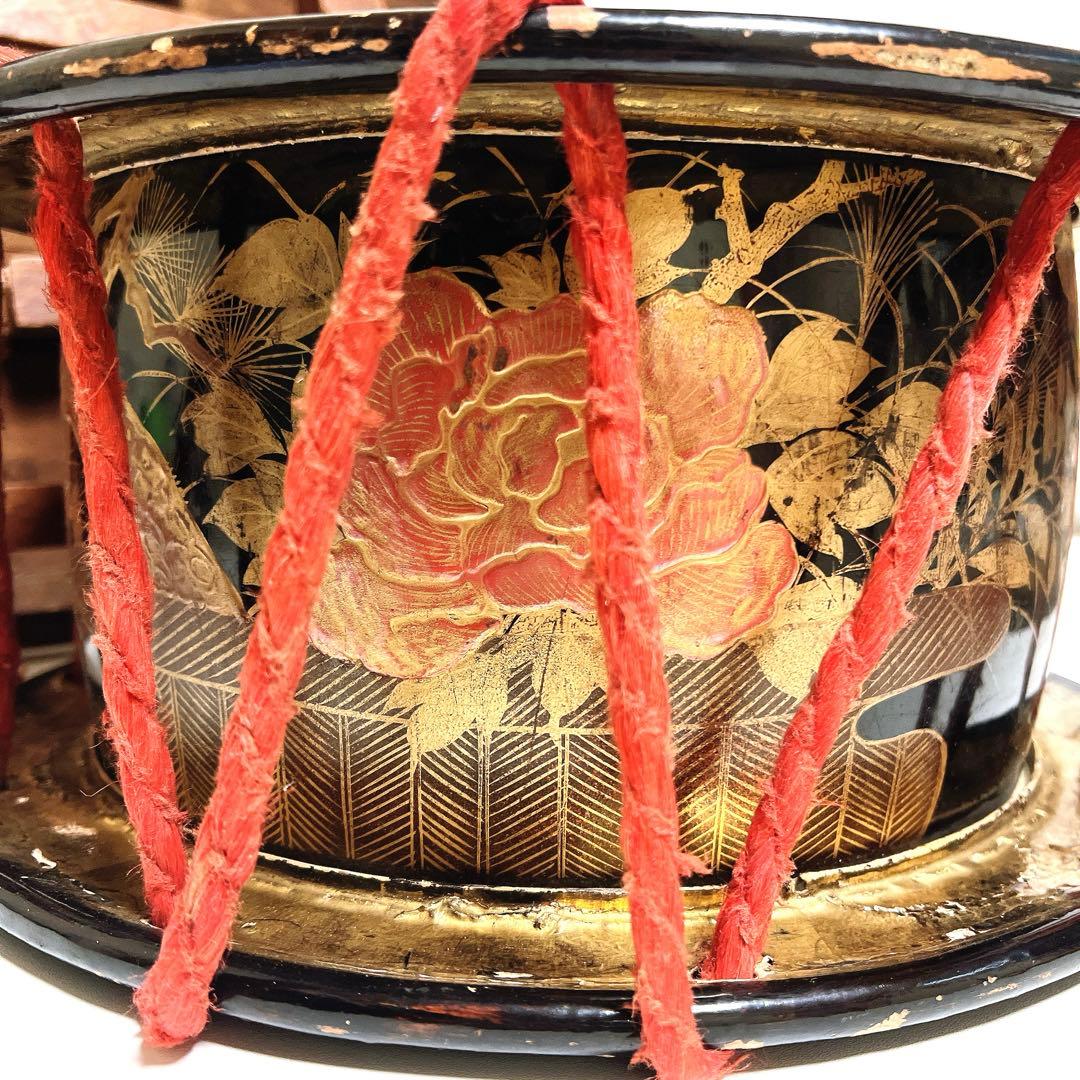 【蔵出し品・希少】 締め太鼓 和太鼓 蒔絵 金彩 直径34.5cm 明治44年