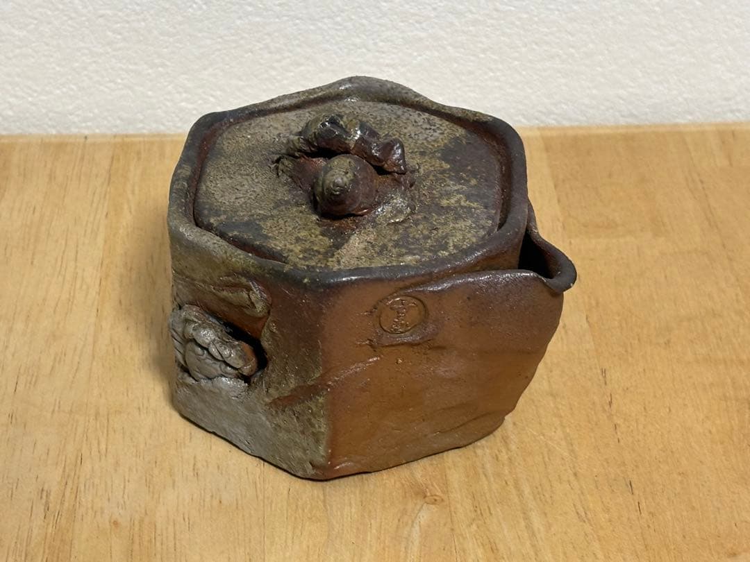 78.備前焼 宝瓶 登り窯 カニとタニシ 蟹 貝 六角 手びねり 急須