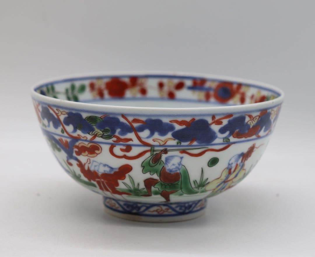 中国　大明万暦年製　青華五彩人物紋碗　木箱入　送料込み0321