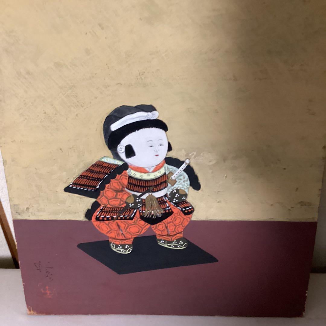 安田靫彦　　板彩色画【タイトル御所人形図　】　額装なし　肉筆　共シール在　即決