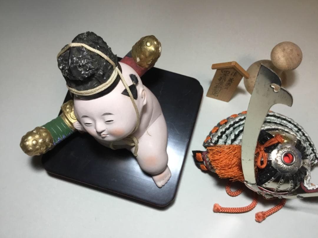 古い御所人形◆岡本玉水◆ミニ兜付き 伝統工芸 桐塑 雛人形 五月人形 室礼