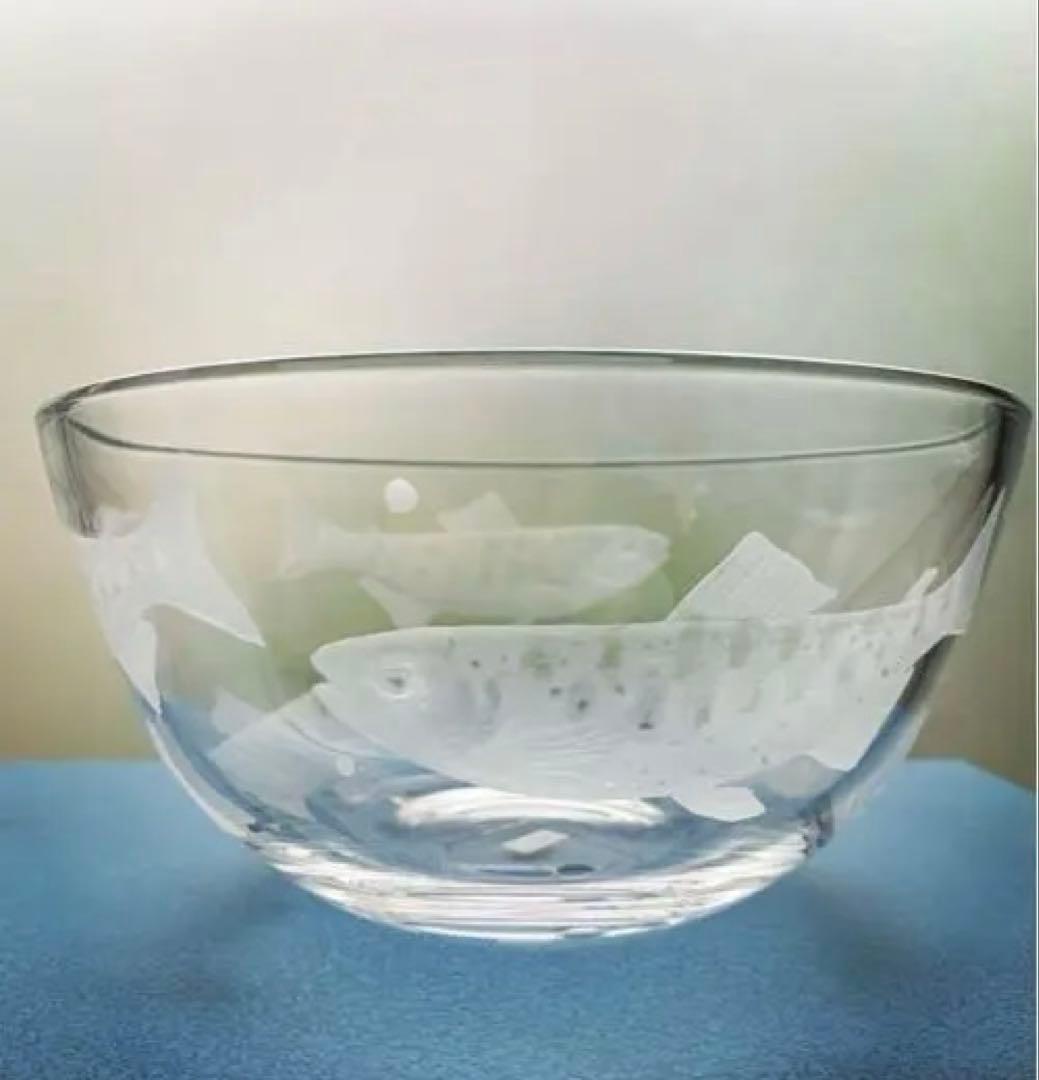 【彫刻部分は作家手作り】 ヤマメ鉢　魚エッチング ガラスボウル