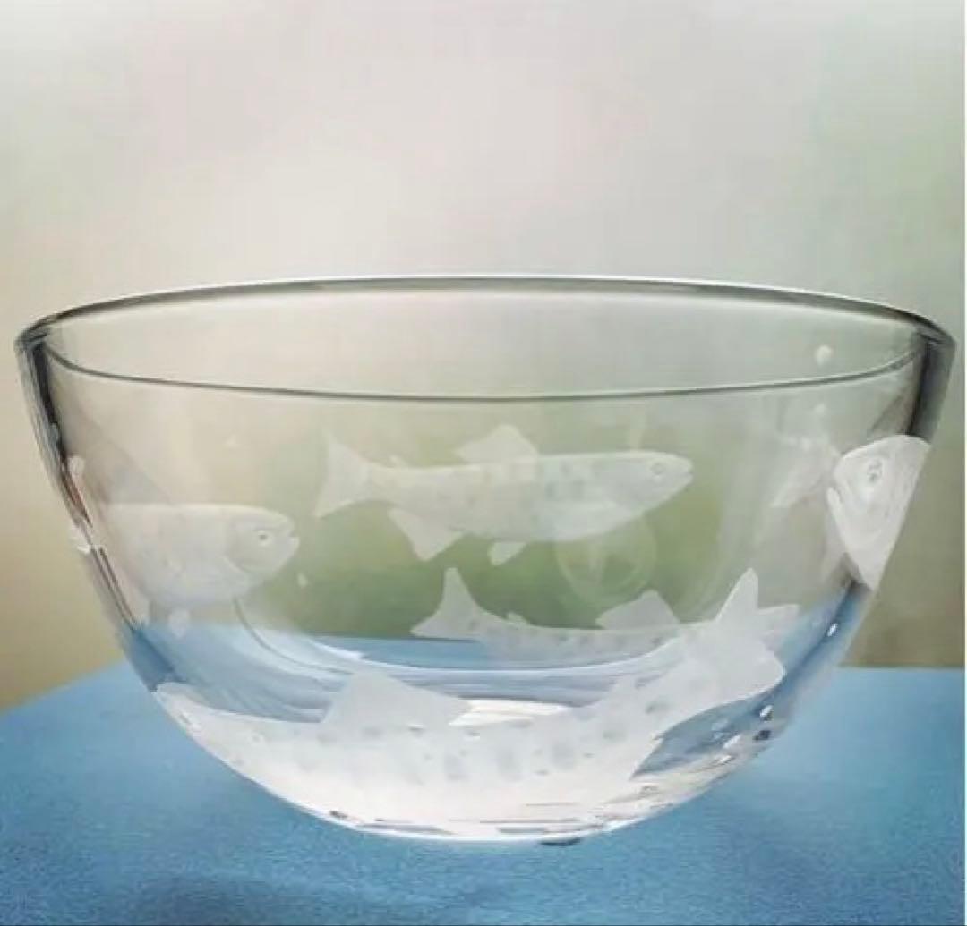 【彫刻部分は作家手作り】 ヤマメ鉢　魚エッチング ガラスボウル