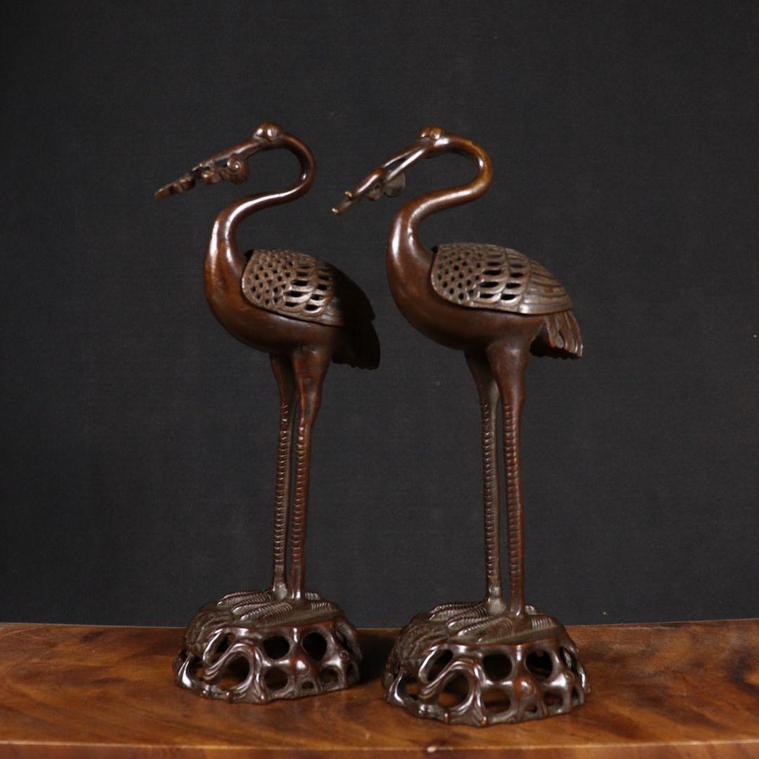 銅製 鶴香炉 室内 茶室 応接間 事務室 薫香炉 開運 風水 招財 置物工芸品