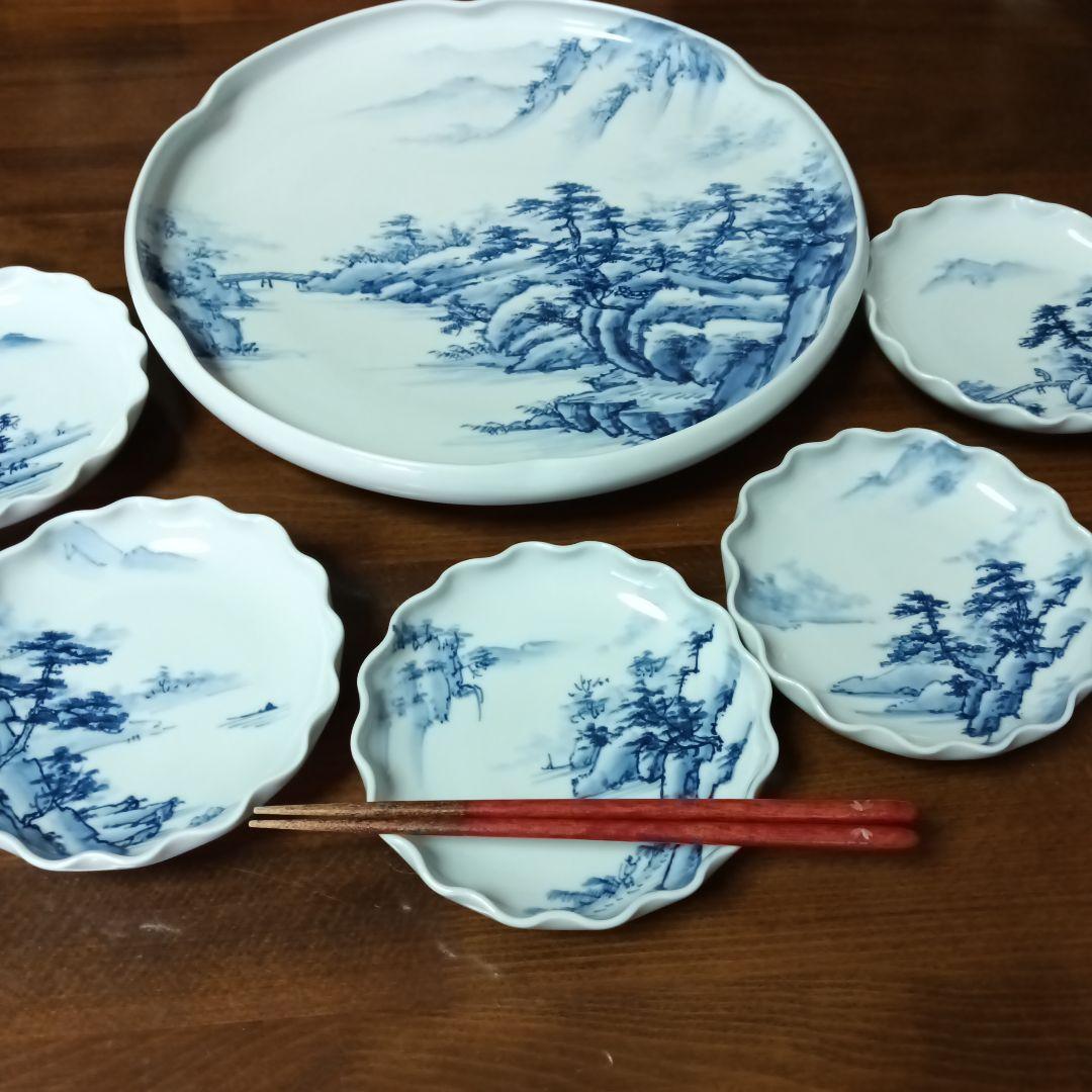 高級 レア 有田焼 青い山水画 波型皿 大皿 取り皿 染付 青白い風景画 工芸品