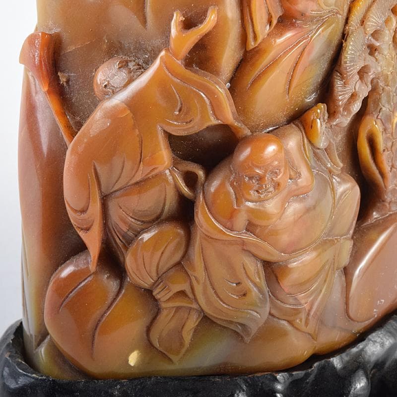 中国　玉石彫刻　山水人物刻　床飾　置物　在銘　唐木台付　K　R7727