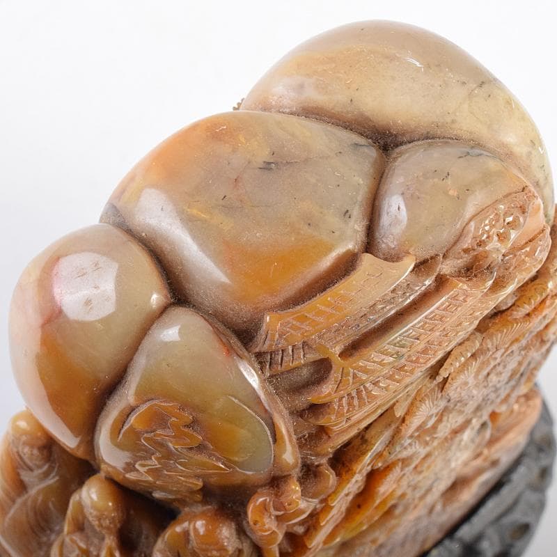 中国　玉石彫刻　山水人物刻　床飾　置物　在銘　唐木台付　K　R7727