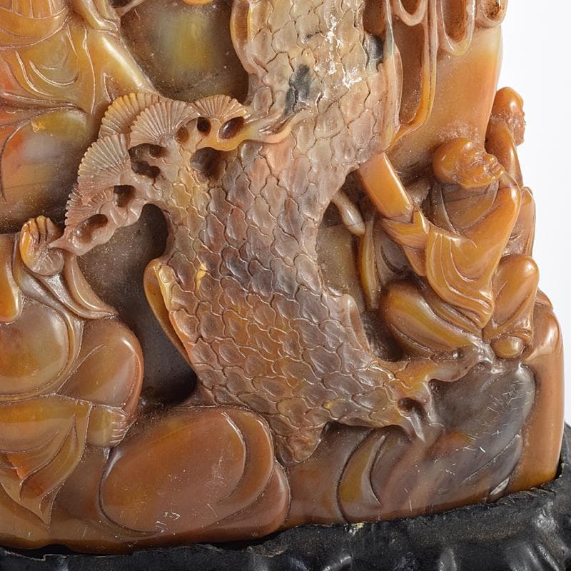 中国　玉石彫刻　山水人物刻　床飾　置物　在銘　唐木台付　K　R7727