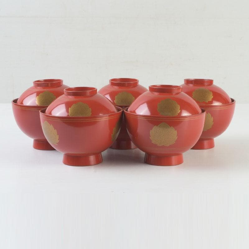 和食器　時代漆器　塗師　長野横笛作　金襴手花蒔絵　吸物椀　五客　共箱　C9788