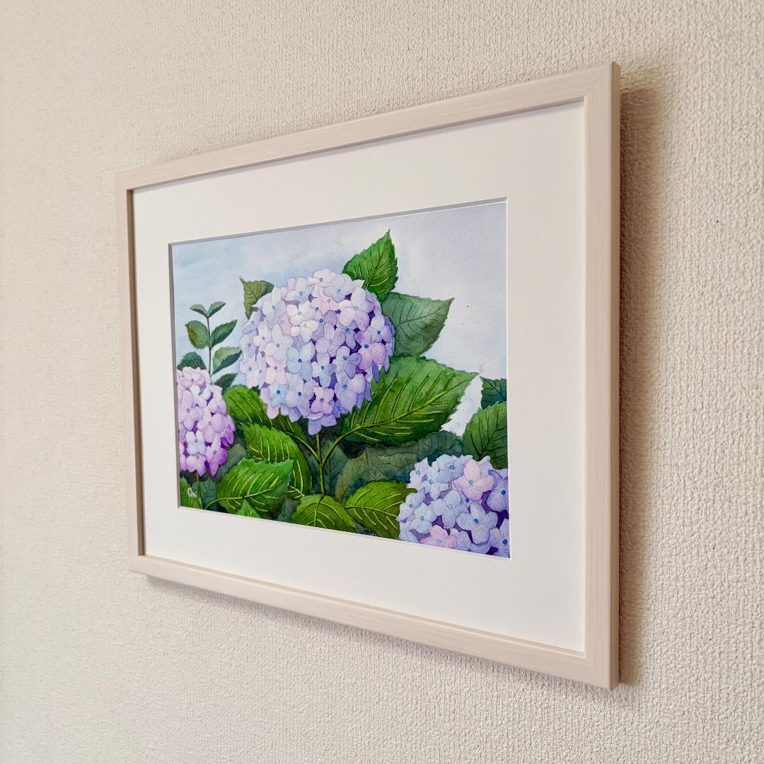 透明水彩画　原画　「薄紫のアジサイ」額縁付　４Fサイズ　風景画