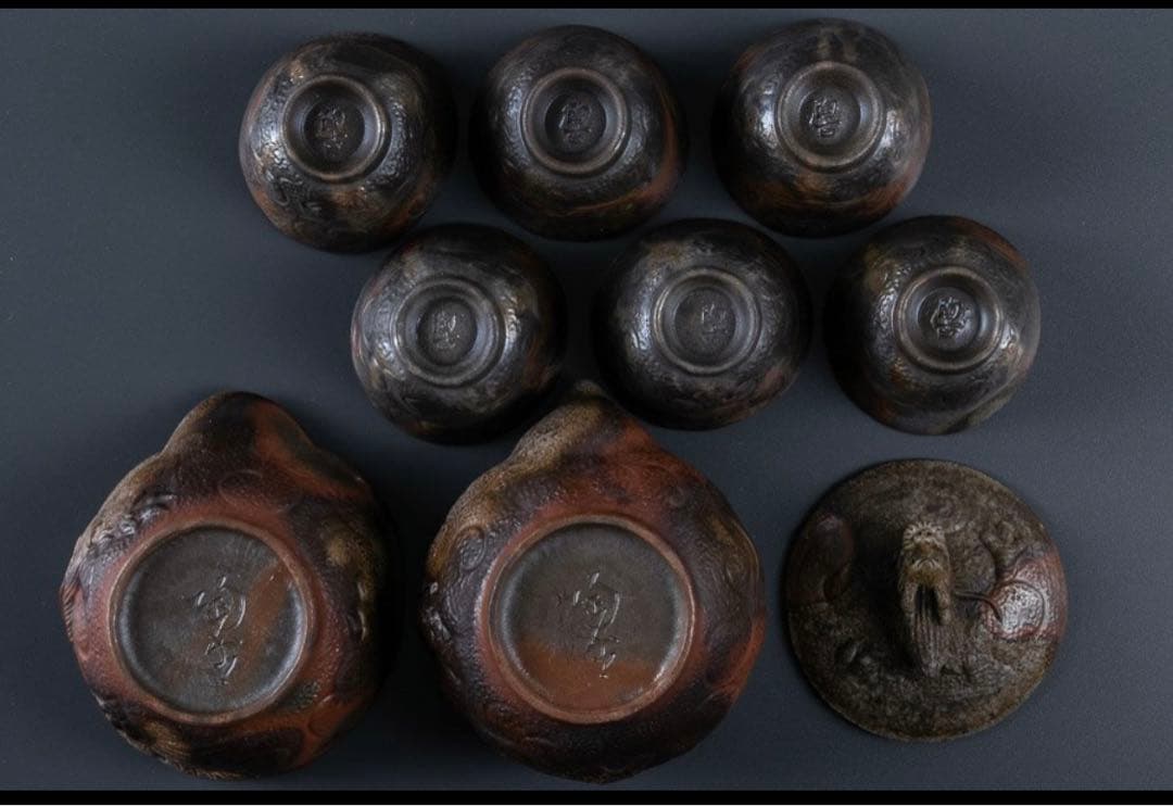 H*i様 備前焼　小西陶古　茶具　陶器　湯呑み６個　湯冷まし　急須　セット　龍