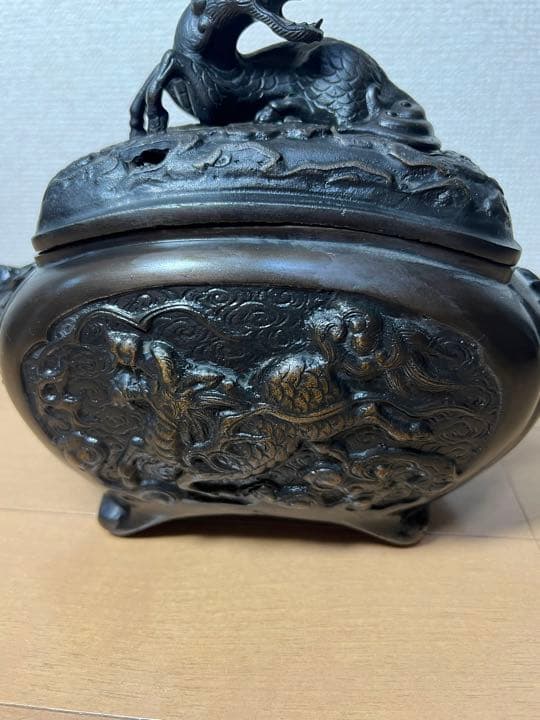 742 銅製　麒麟鳳凰文香炉　美品