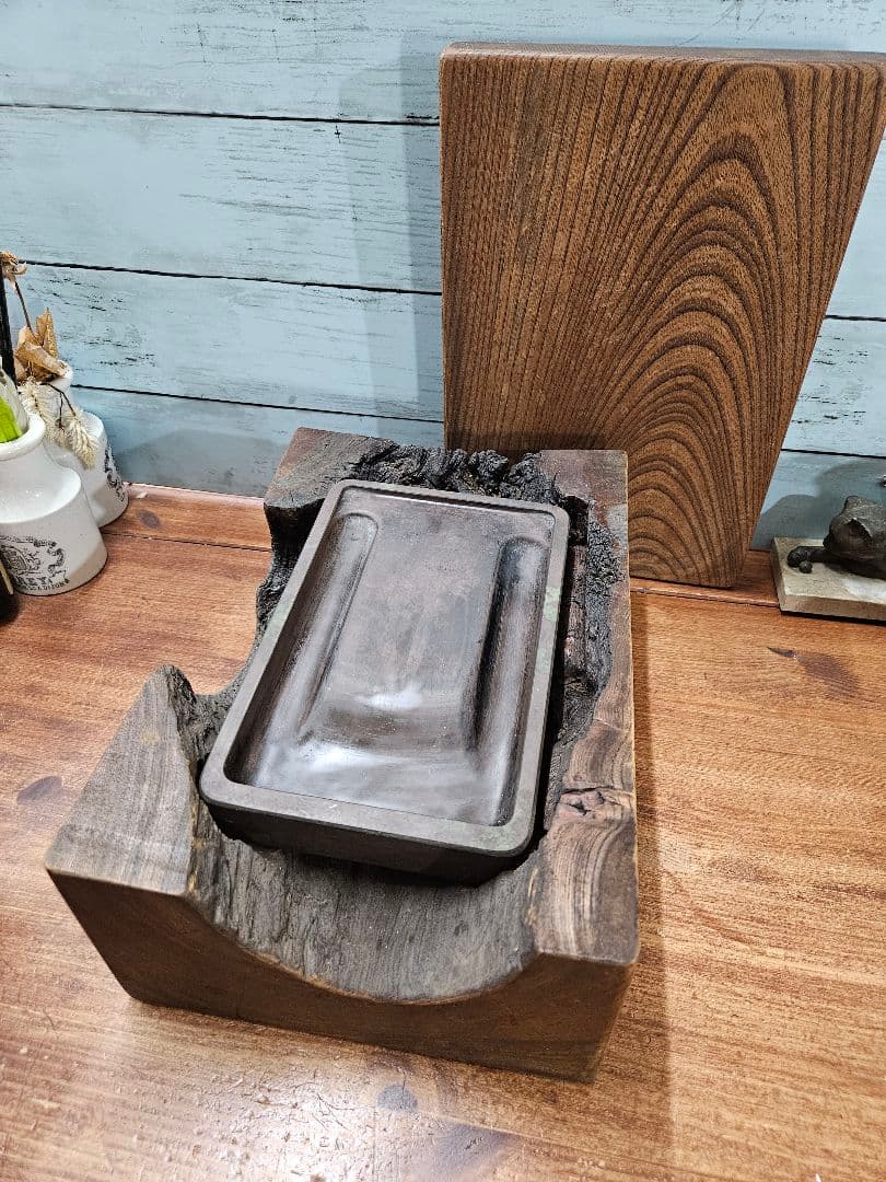 アンティーク 古硯 在銘 玉泉作 渭原石 木製ケース 墨 松山堂監製 天然木製