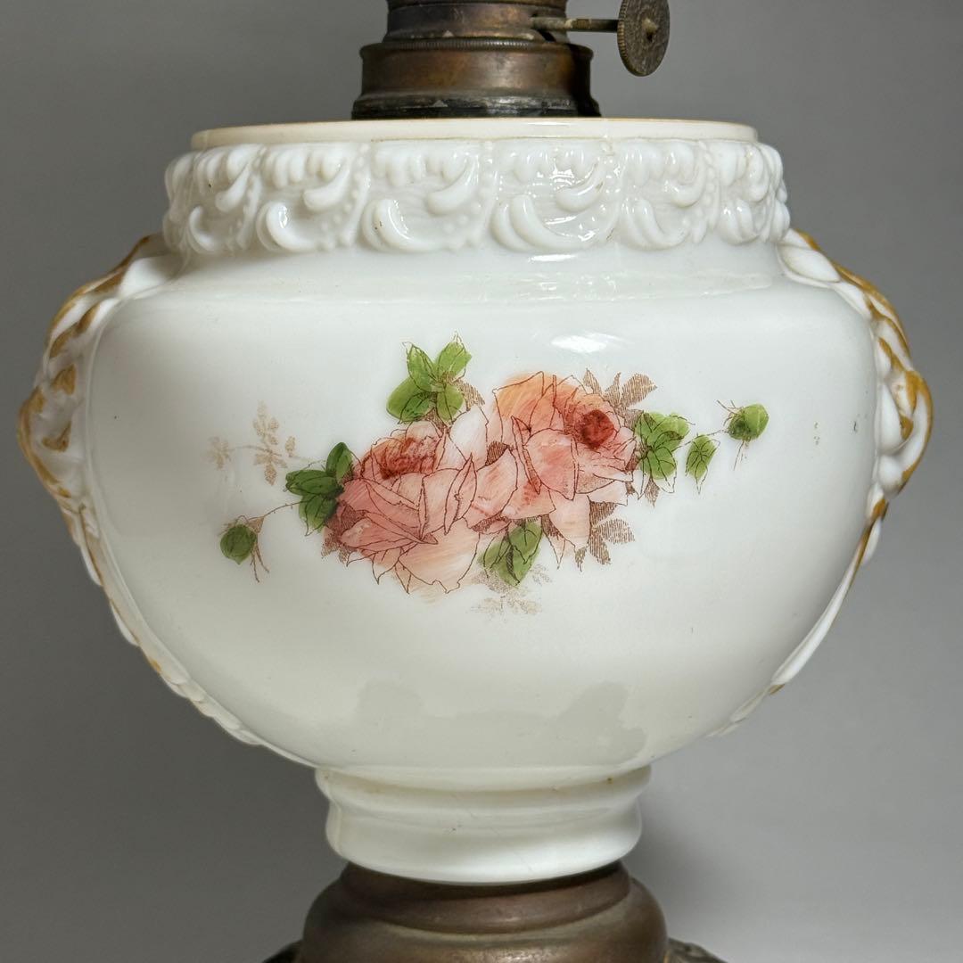 ◆希少 置きランプ 雷文擦り硝子火屋 ガラス絵乳白硝子オイル壺 明治時代◆