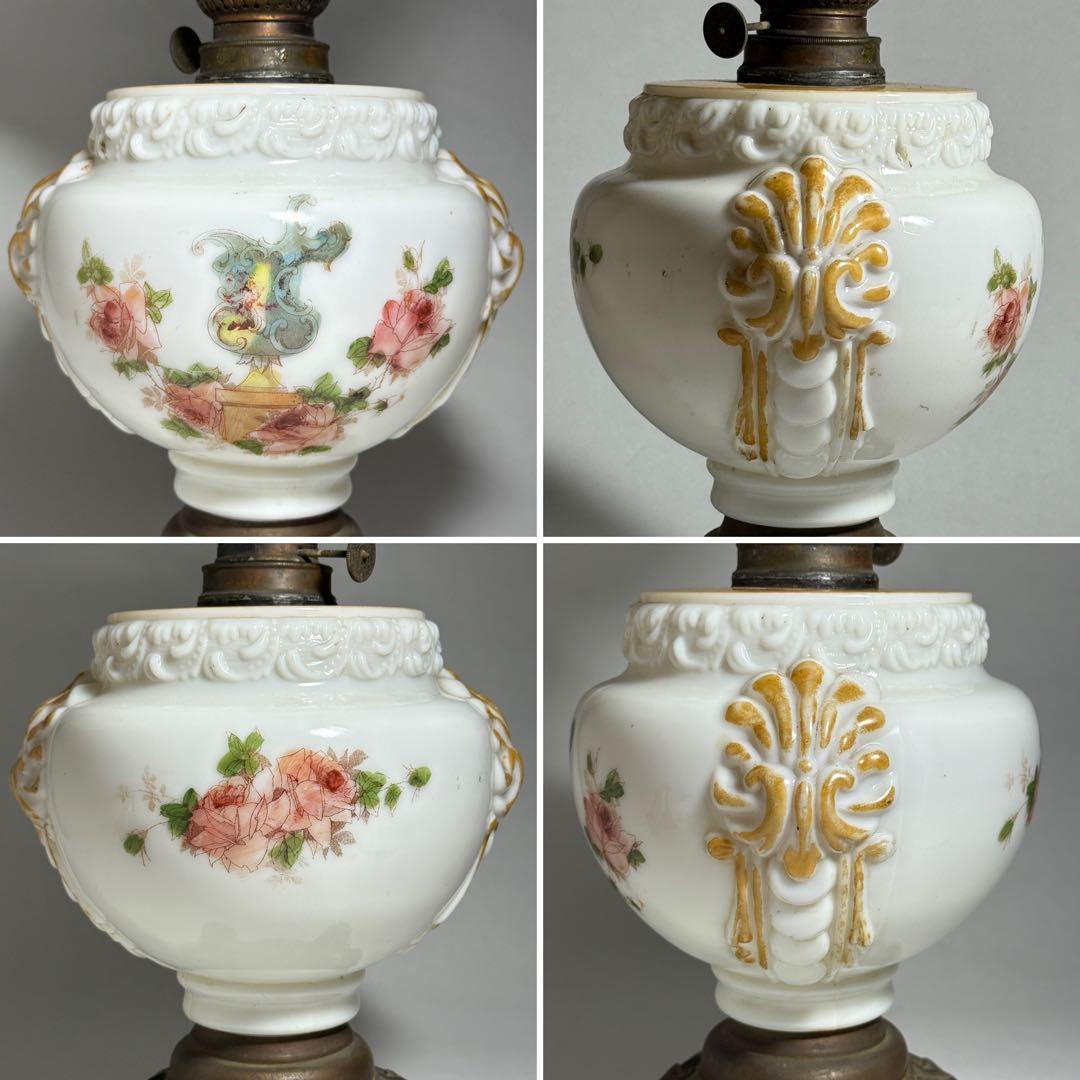 ◆希少 置きランプ 雷文擦り硝子火屋 ガラス絵乳白硝子オイル壺 明治時代◆