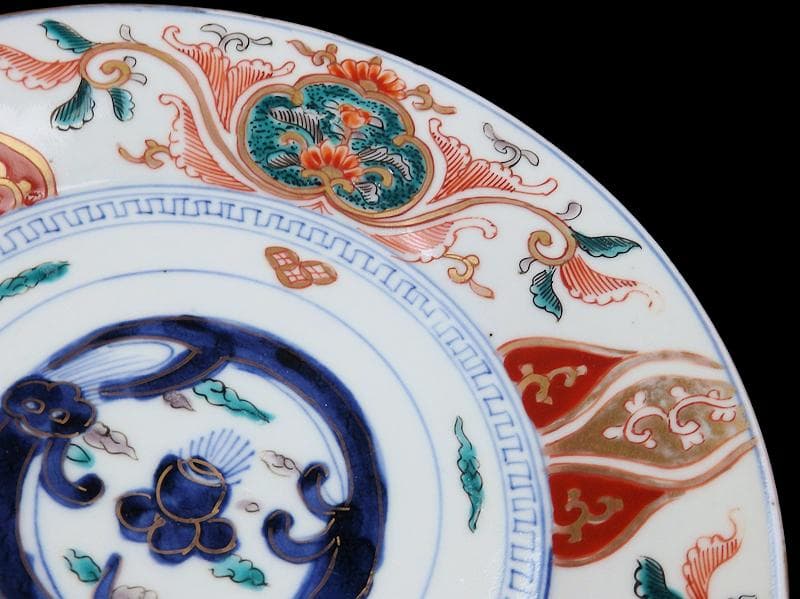 古伊万里　色絵　団龍紋に宝珠　花の図　７寸皿　３枚　珍品　C544AS-DBr