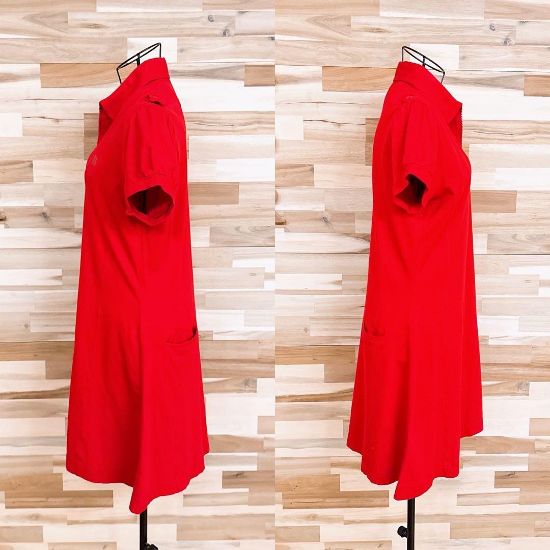 【バーバリー】コットン ブレンド 半袖ジップアップ ワンピース ゴルフ 赤レッド