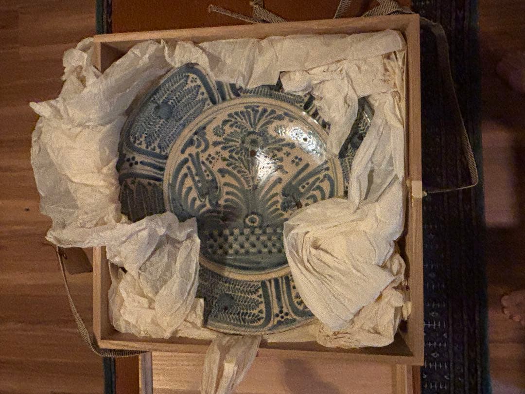 双鳥文様 陶器皿 スペイン製 木箱付き