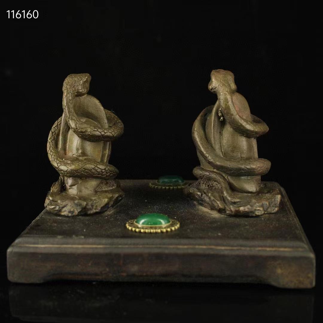 中国古美術・古い純銅・純手作り・宝石をモザイク招財蛇の飾り ・書道品・風水開運