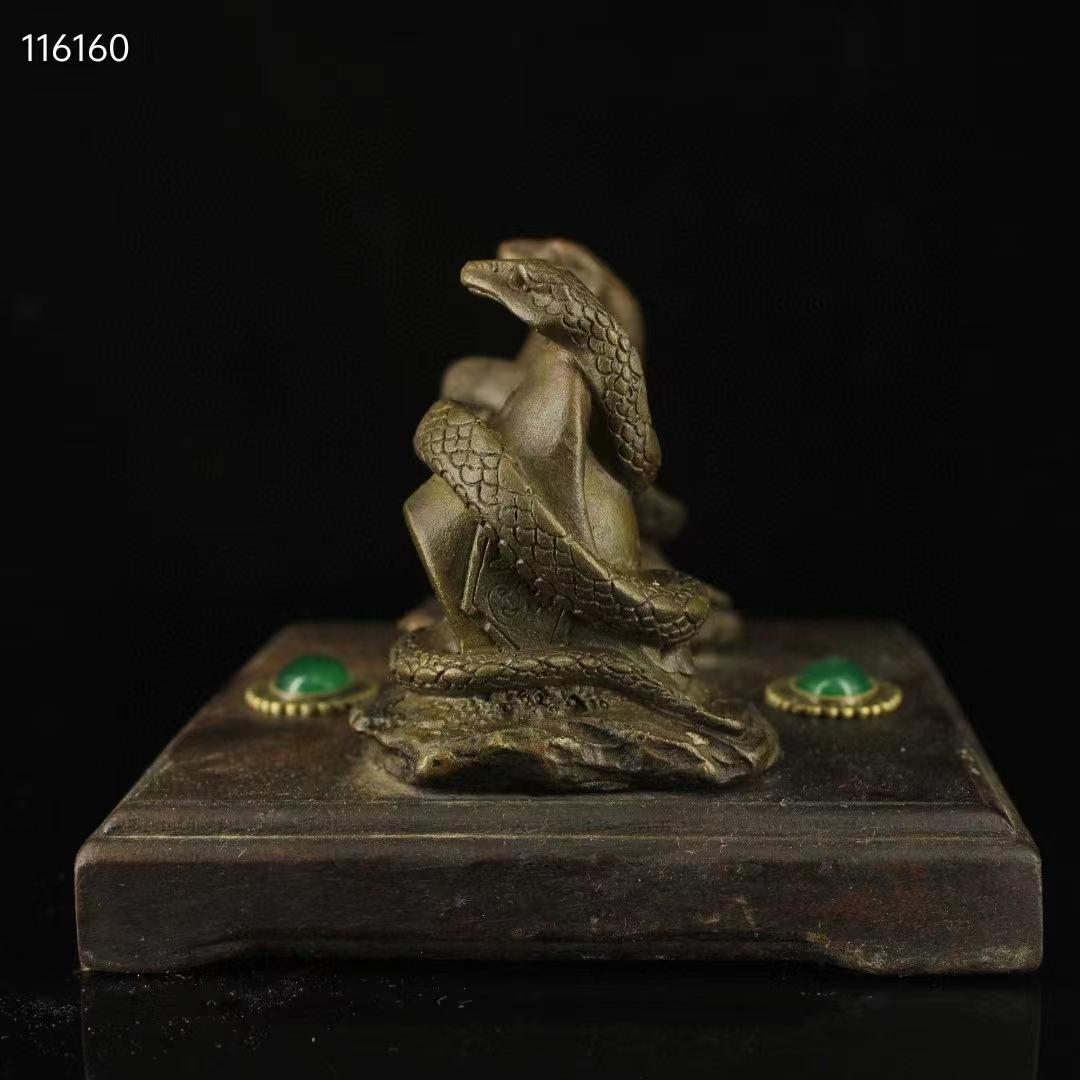中国古美術・古い純銅・純手作り・宝石をモザイク招財蛇の飾り ・書道品・風水開運