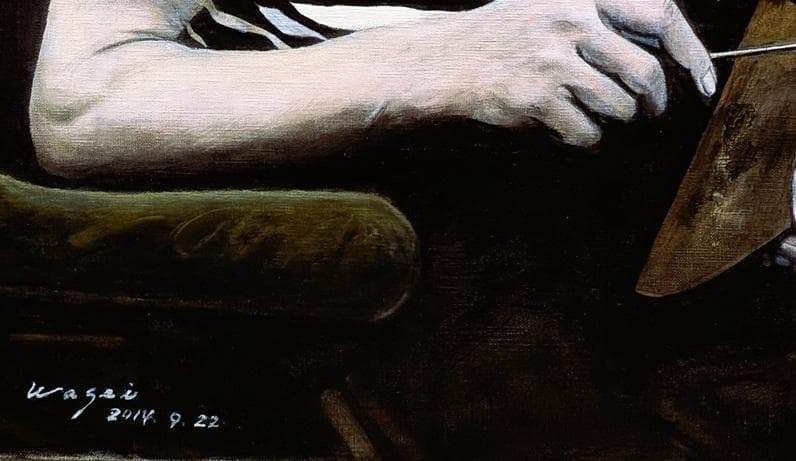 伊藤和生　藤田嗣治作「アトリエの自画像Ⅱ」白黒写真から油彩画にて模写 Ｆ20号