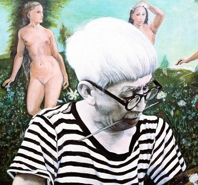 伊藤和生　藤田嗣治作「アトリエの自画像Ⅱ」白黒写真から油彩画にて模写 Ｆ20号