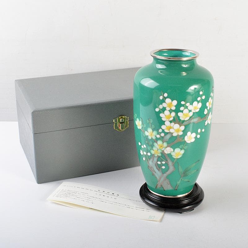 七宝焼　翡翠色　花文　花瓶　唐木台・箱付　V　6415C