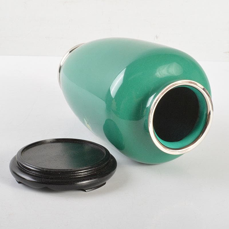 七宝焼　翡翠色　花文　花瓶　唐木台・箱付　V　6415C