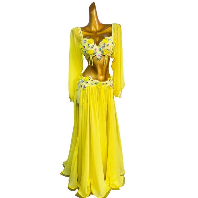 ベリーダンス衣装 ライトイエロー スパンコール オリエンタルダンスセット
