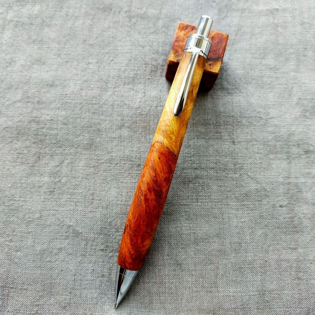 花梨瘤紅白　源平杢　ハンドメイド　木軸シャープペン　0.5mm　天然木　シルバー