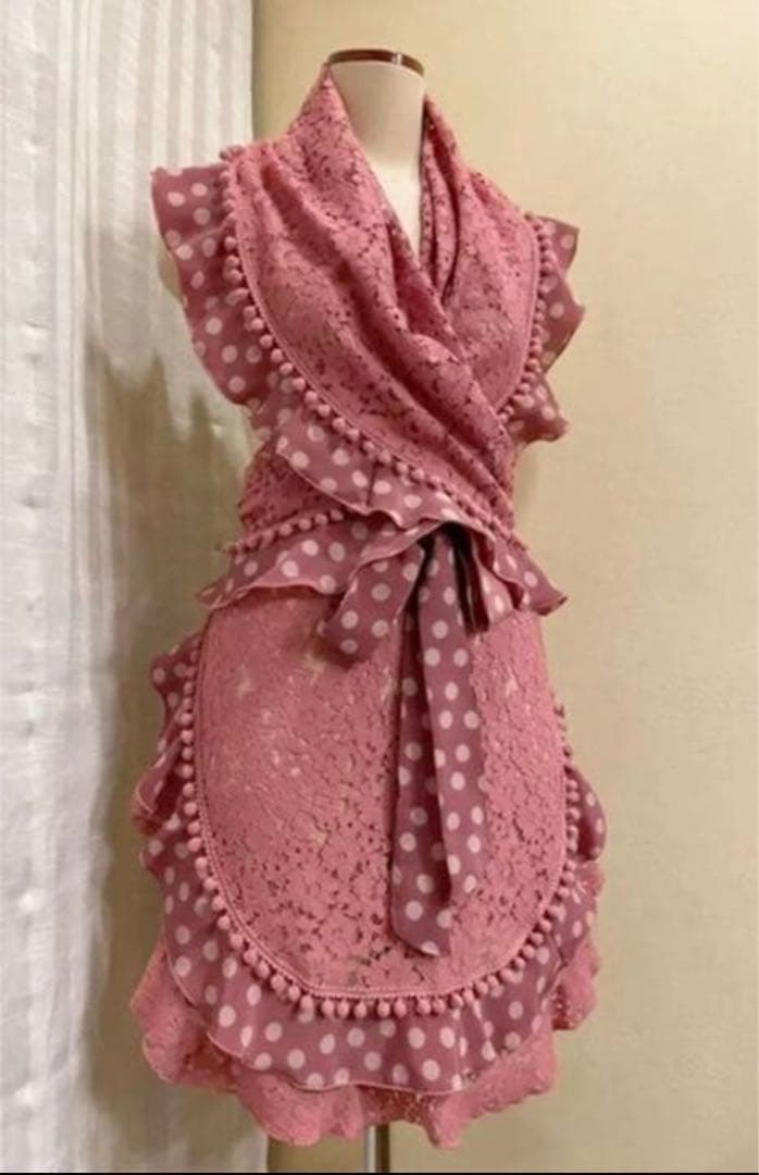 【お正月セール】フラメンコ　エプロン シージョ　ピンクコードレース　ピンク水玉