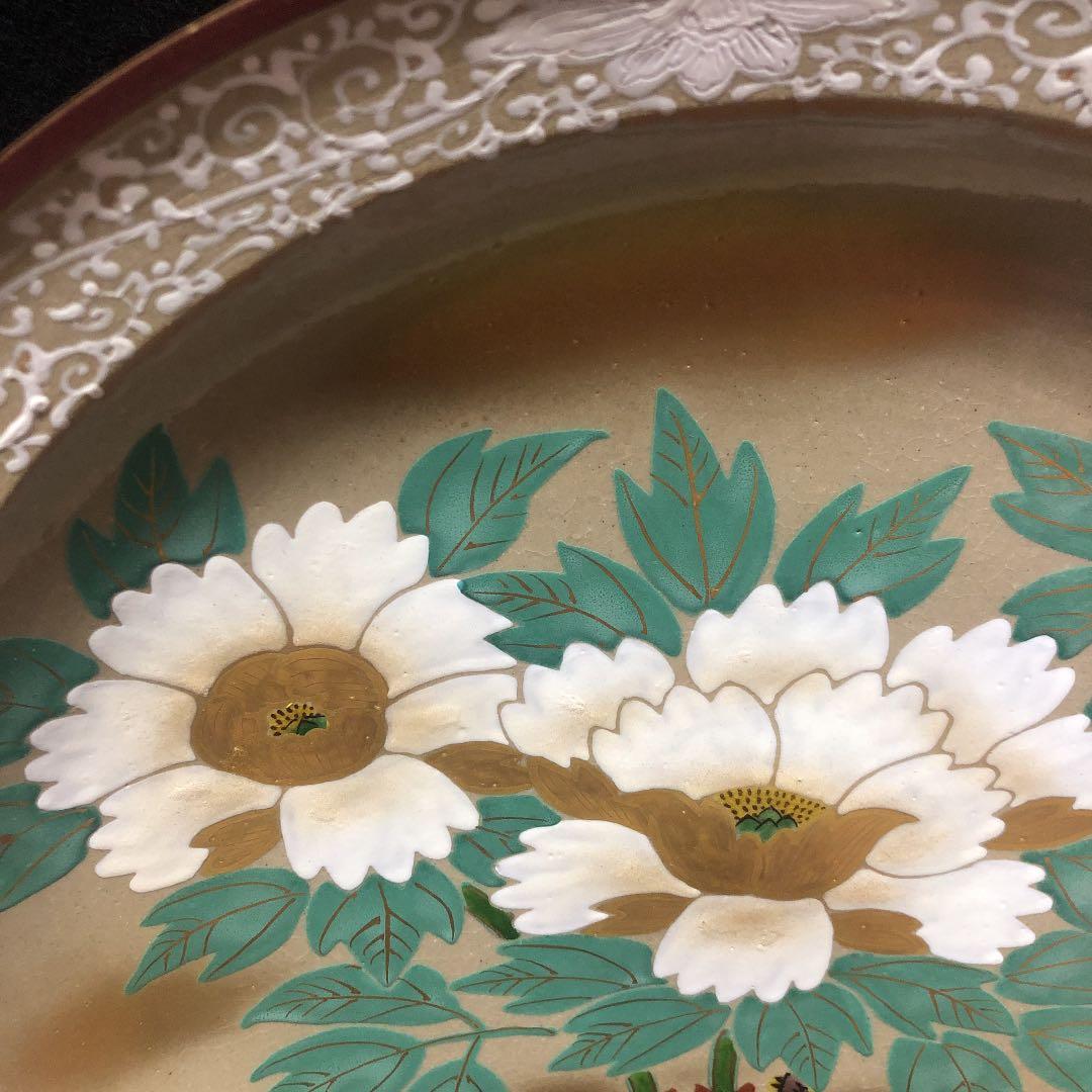 【和】古美術収集家買出品　珍品　古九谷焼飾り皿 白金花柄　本物ラベル付き