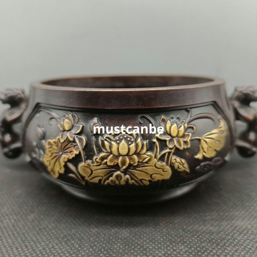銅器 香炉 瑞獣双耳蓮葉蓮華香炉 仏堂供養炉 挿し香炉 香道具 工芸品 置物