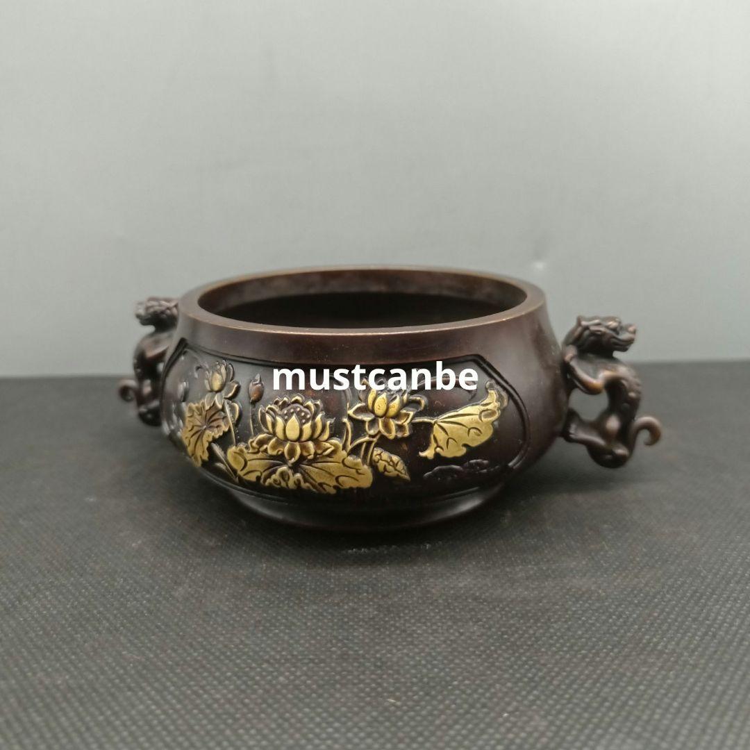銅器 香炉 瑞獣双耳蓮葉蓮華香炉 仏堂供養炉 挿し香炉 香道具 工芸品 置物
