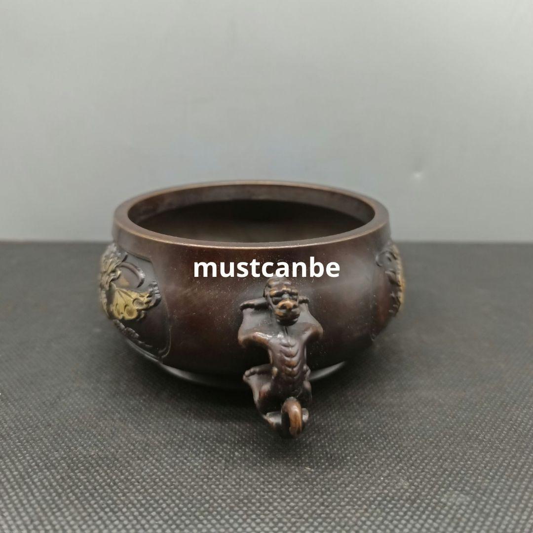 銅器 香炉 瑞獣双耳蓮葉蓮華香炉 仏堂供養炉 挿し香炉 香道具 工芸品 置物