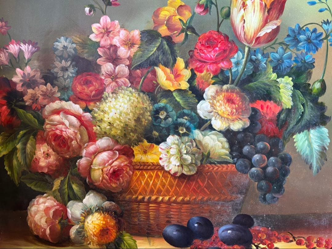 【油絵 / 模写 】 果実と花 絵画 額縁 壁掛け 絵 花 果物