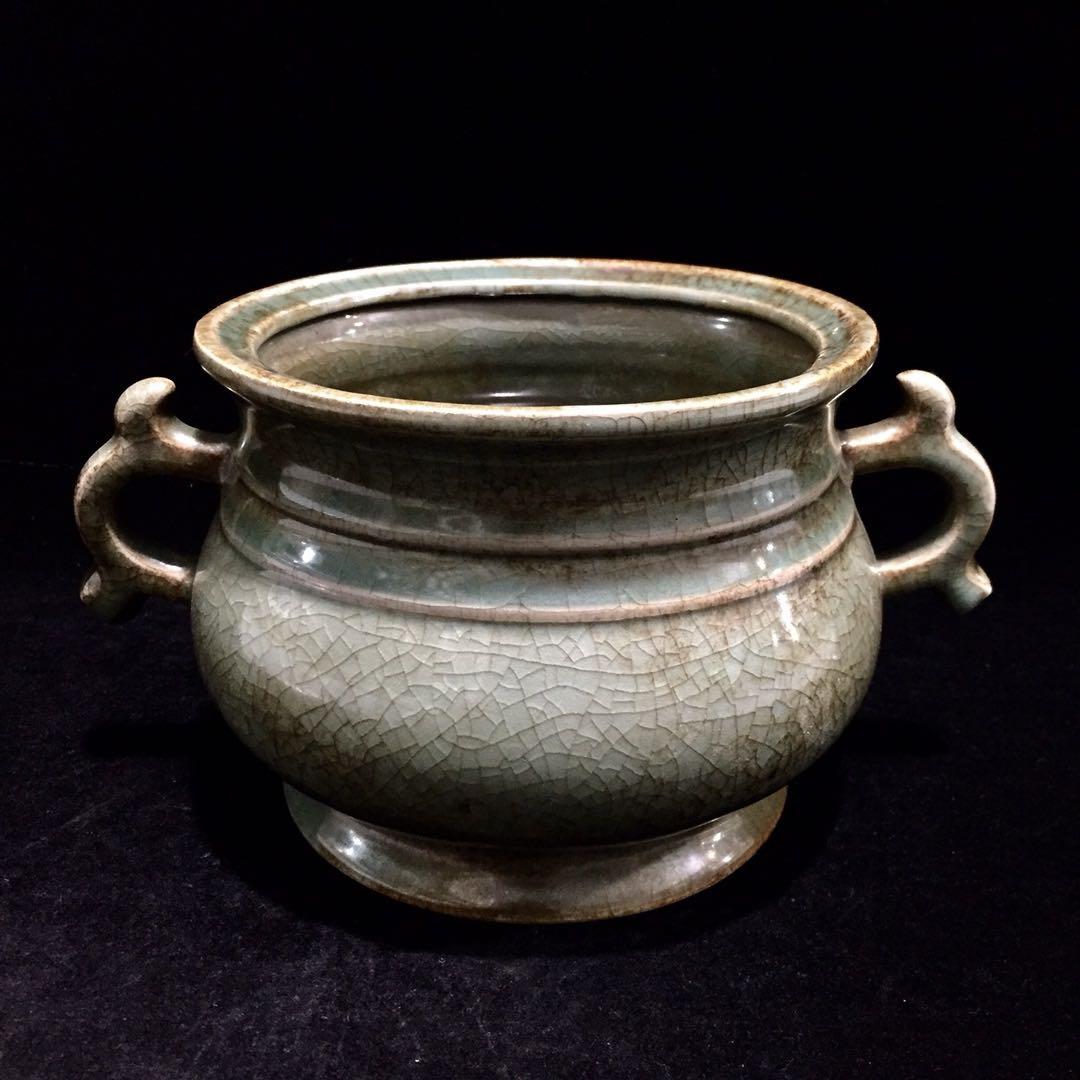 文房具　雙耳香爐 宋時代　汝窯 陶器　冰裂纹 貫入