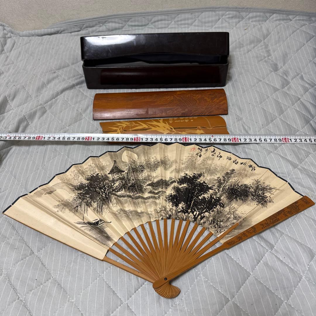 中国古美術 扇子 在銘 文房具　煎茶道具　茶合　山水人物彫　竹茶合 詩文彫