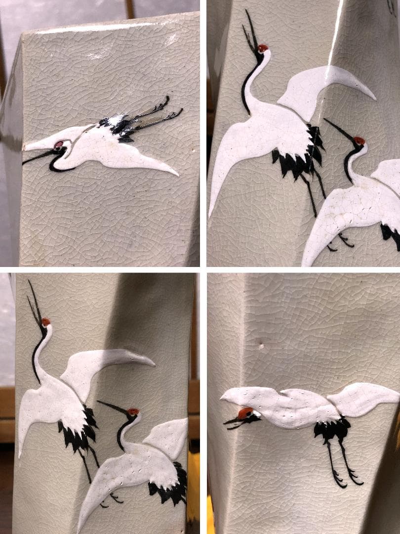 【 宮川香齋　六角捻り形飛鶴図花生 】　洛東香齋　京都真葛