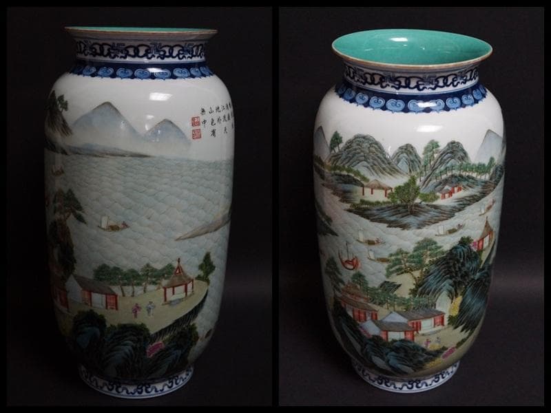 清 大清乾隆年製 粉彩色絵『山水風景人物漢詩文』飾壺 花器 高さ31.5㎝