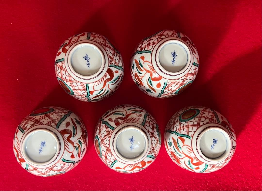 京焼 清水焼 薄胎 赤絵貼金 汲出碗揃五客 陵泉造　茶道具